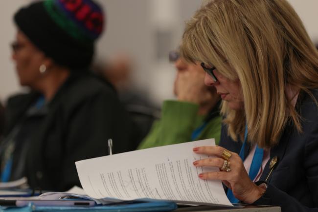 Delegates review the text