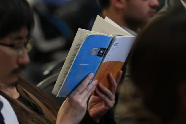 Delegates refer to various texts during the session