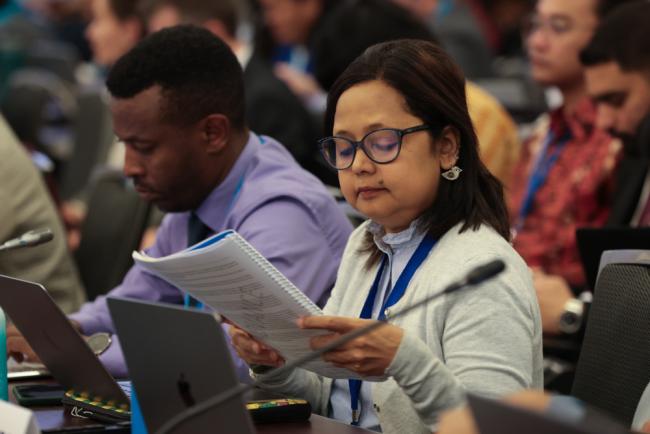 Delegates review the text