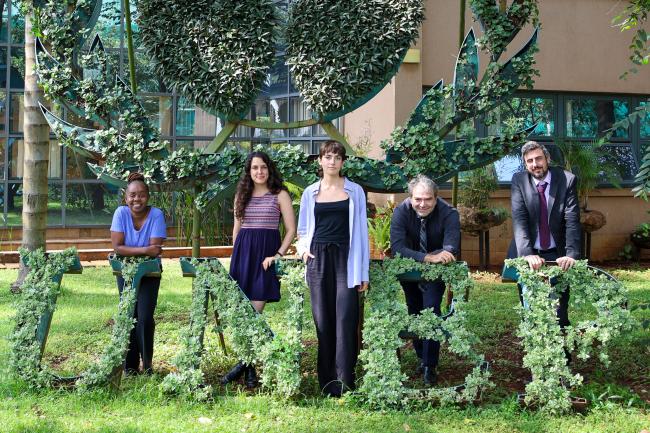 From L-R: Nancy Mutonyi, Katarina Hovden, Emma Vovk, Asterios Tsioumanis, and Mike Muzurakis, IISD/Earth Negotiations Bulletin