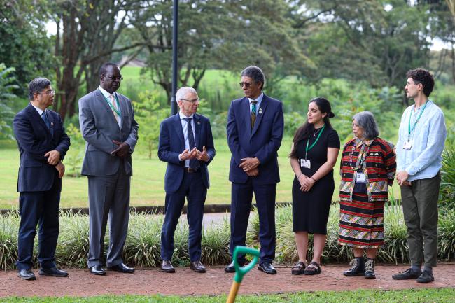 From L-R: Liu Ning, China; John Elungata, Kenya; David Cooper, Acting Executive Secretary, CBD; Pedro León Cortés Ruíz, Colombia; Amelia Arreguín Prado, CBD Women's Caucus; Joji Carino, International Indigenous Forum on Biodiversity; and Heitor Dellasta, Global Youth Biodiversity Network