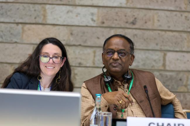 Jillian Campbell, CBD Secretariat, with SBI 4 Chair Chirra Achalender Reddy, India