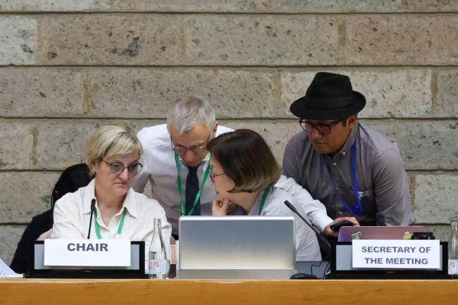 Members of the Secretariat consulting during the morning plenary