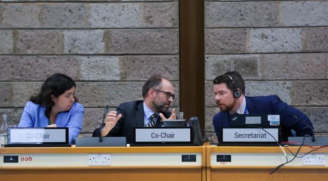 From L-R: Contact Group on Marine and Coastal Biodiversity Co-Chairs Erica Lucero, Argentina, and Gaute Voigt-Hanssen, Norway, with Joe Appiott, CBD Secretariat