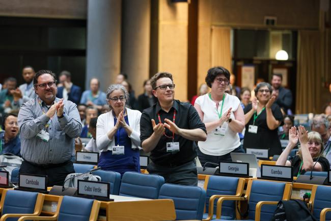 Delegates and participants congratulating Véronique Allain, CBD Secretariat for more than 20 years of contribution to the work of the CBD