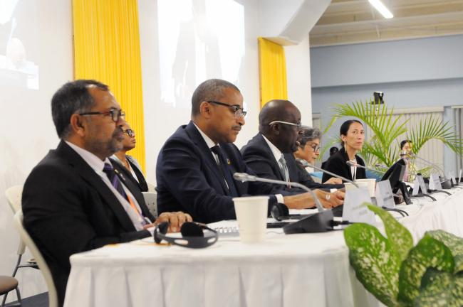 The dais during the remarks by Everly Paul Chet Greene, Minister of Foreign Affairs, Agriculture, Trade and Barbuda Affairs, Antigua and Barbuda