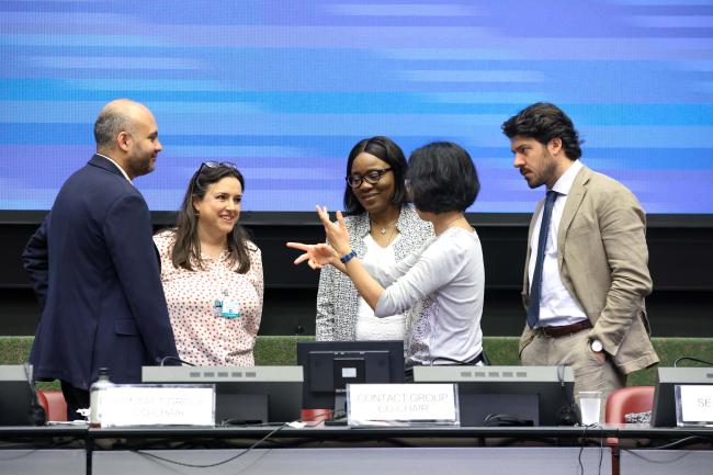 Contact Group on technical matters Co-Chairs Nawaf Bilasi, Saudi Arabia, and Katherine Olley, United Kingdom discuss with members of the OEWG Secretariat before the beginning of the session. 