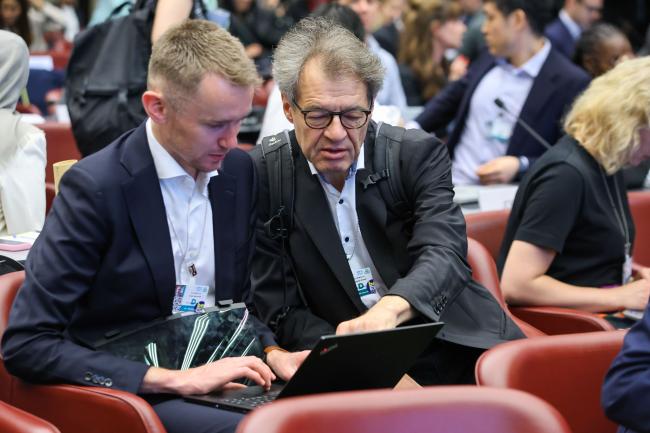 Delegates discuss during the plenary 