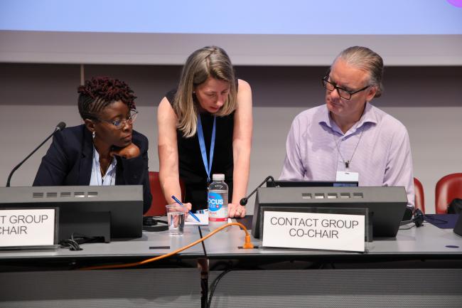 L-R: Co-Chair of Legal Matters Contact Group Perine Nkosi Kasonde, Zambia, Juliette Kohler, BRS Secretariat, and Co-Chair of Legal Matters Contact Group Jason Dunn, Australia 