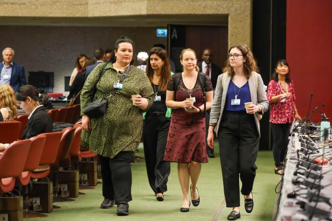 Delegates enter the plenary for the last day of the Basel OEWG 14
