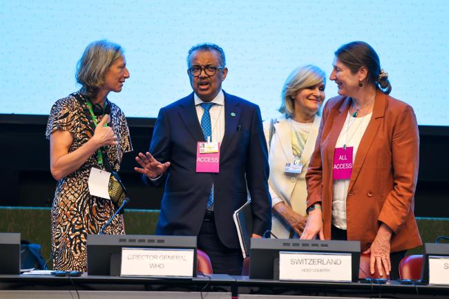 From L-R: OEWG Chair Gudi Alkemade; Tedros Adhanom Ghebreyesus, Director-General, WHO; Maria Neira, Director, Environment, Climate Change and Health, WHO; and Tessa Goverse, Secretariat