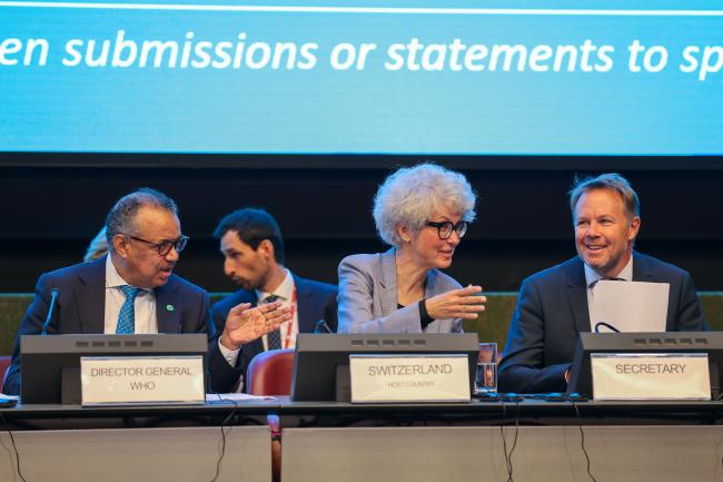 From L-R: Tedros Adhanom Ghebreyesus, Director-General, World Health Organization; Katrin Schneeberger, Director of the Federal Office for the Environment, Switzerland; and Ulf Björnholm, Secretariat
