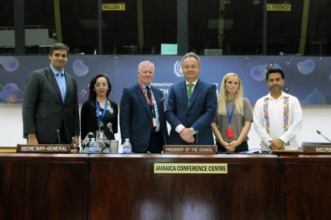 David Pusztai and Mariana Durney, ISA Secretariat; Michael Lodge, ISA Secretary-General; ISA-29 Council President Olav Myklebust, Norway; Lea Kolmos Weis and Marcelino Miranda, ISA Secretariat