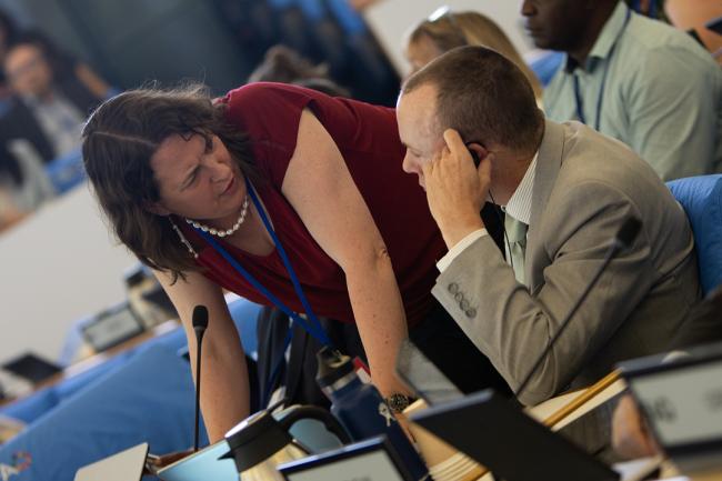 Delegates from UK and US, conferring during the plenary session.- COFO27 - 23Jul2024