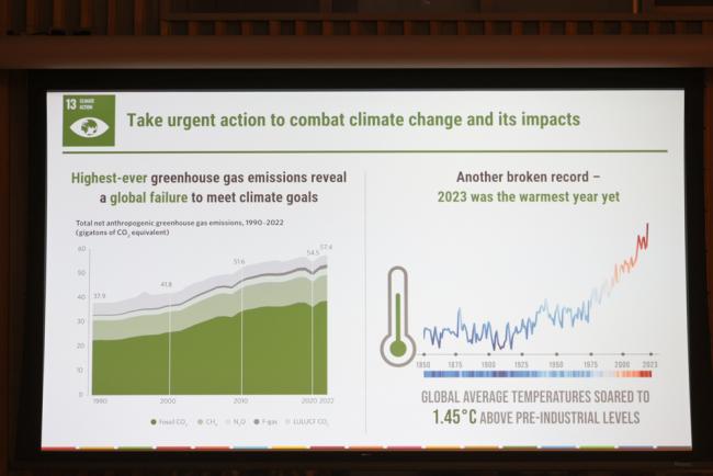 A slide highlights that highest-ever greenhouse gas emissions indicates a global failure to meet the climate goals