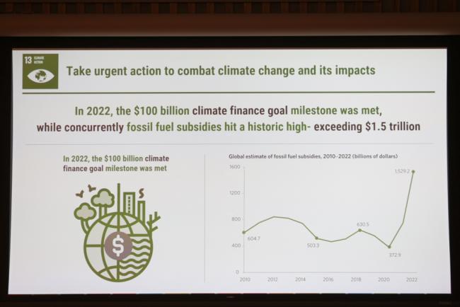 A slide highlights that despite ongoing climate impacts, fossil fuel subsidies have reached an all time high