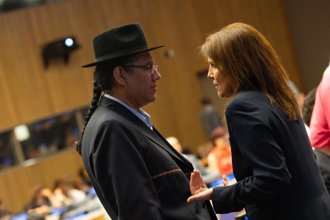 Diego Pary Rodríguez, Permanent Representative of Bolivia to the UN, speaks with Paula Narváez, President, ECOSOC