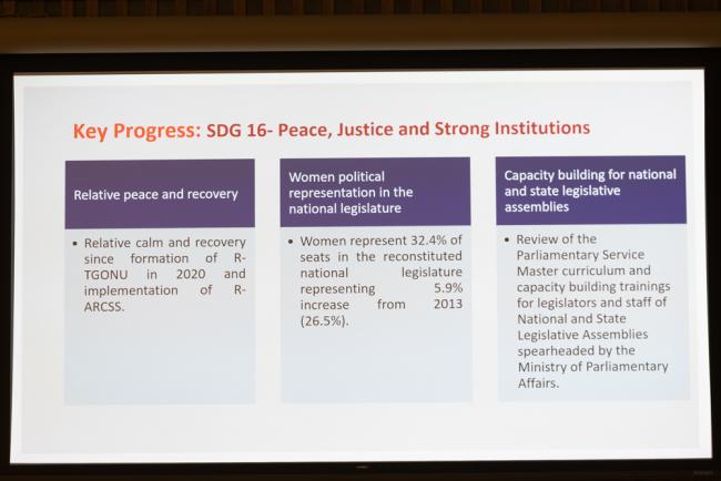 South Sudan's VNR report highlights their progress in achieving SDG 16 (peace, justice, and strong institutions)