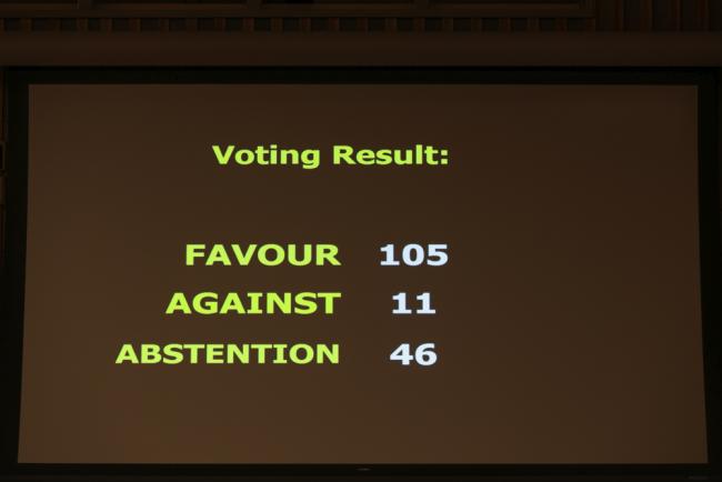 HLPF delegates vote on whether to adopt an amendment to the Ministerial Declaration to include a reference to "unilateral coercive measures" (economic sanctions) against some member states