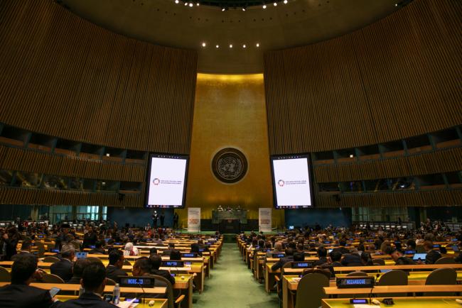 Delegates gather in the UN General Assembly hall for the start of HLPF 2024