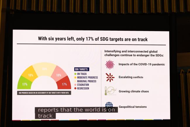 A slide highlights that only 17% of the SDG targets are on track