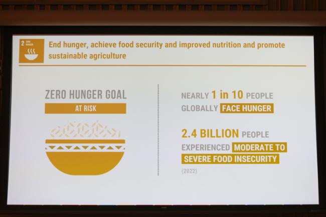 A slide highlights that achieving the goal of zero hunger is at risk, with nearly 1 in 10 people facing hunger