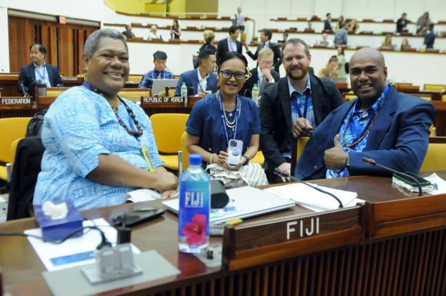 Raijeli Taga, Fiji; Ngedikes Olai Uludong and Gary Lee, The Pacific Community; with Apete Soro, Fiji