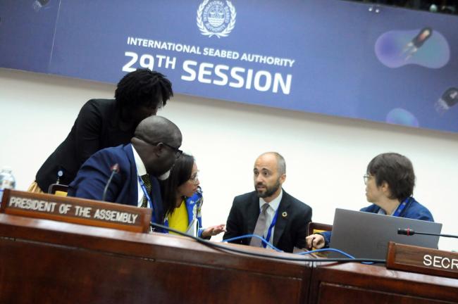 Carl Grainger, Ireland, Chair of the Credentials Committee, in discussions