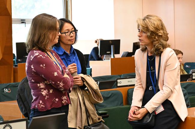 CRC members Irene Sørvik Malme and Suzana Andrejevic Stefanovic discuss with Mitsuko Komada, an observer from Norway (center) - CRCPOPRC20-19Sep2024