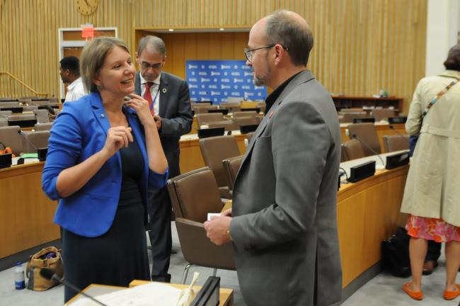 A participant asks a question to Livia Bizikova, IISD