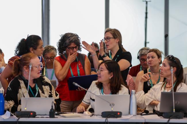 Delegates forming a huddle during the Contact Group on Article8(j) - CBD-COP16 - 22Oct2024 - Photo