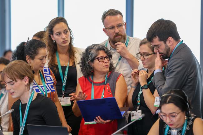 Delegates forming a huddle during the Contact Group on Article8(j)