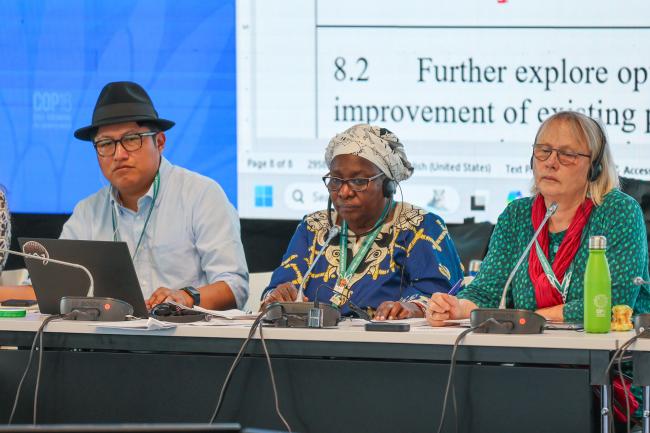 From L-R: Q”apaj Conde Choque, CBD Secretariat; and Contact Group on Article 8(j) Co-Chairs Lucy Mulenkei, Indigenous Peoples and local communities, and Pernilla Malmer, Sweden