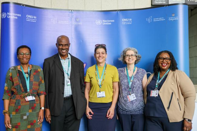 Current and former Heads of the CBD Secretariat Biosafety Unit. From L-R: Cyrie Sendashonga; Charles Gbedemah; Manoela Pessoa de Miranda; Kathryn Garforth; and Wadzanayi Goredema-Mandivenyi 