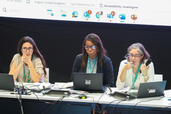 From L-R: Jillian Campbell, CBD Secretariat; Contact Group on mchanisms for planning, monitoring, reporting and review Co-Chairs Gillian Guthrie, Jamaica, and Carolina Caceres, Canada