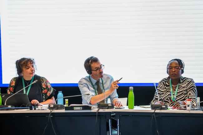 From L-R: Kirsty Bryant, CBD Secretariat; and Contact Group on DSI Co-Chairs William Lockhart, UK, and Lactitia Tshitwamulomoni, South Africa