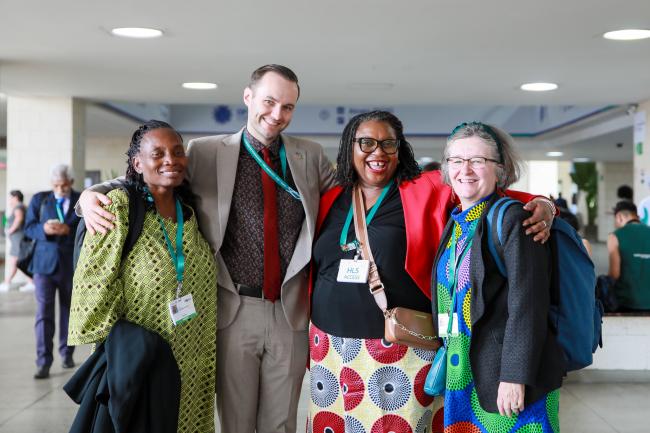 From L-R: Contact Group on synthetic biology Co-Chair Martha Kandawa-Schulz, Namibia; Austein McLoughlin, CBD Secretariat; Cartagena Protocol MOP 11 Secretary Wadzanayi Goredema-Mandivenyi; and Contact Group on synthetic biology Co-Chair Marja Ruohonen-Lehto, Finland