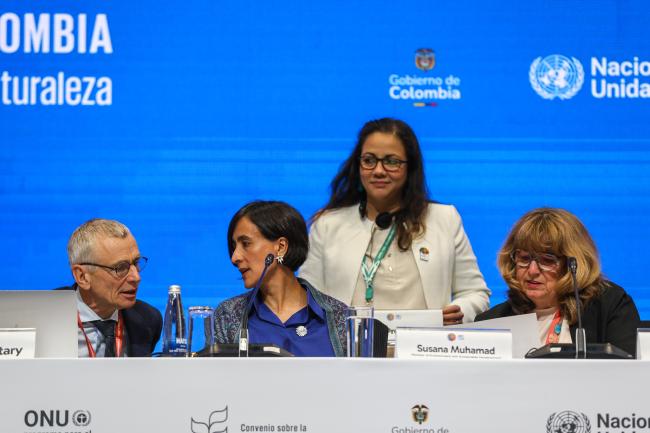 From L-R:  David Cooper, CBD Deputy Executive Secretary; COP 16 President Susana Muhamad, Colombia; and Astrid Schomaker, Executive Secretary, CBD