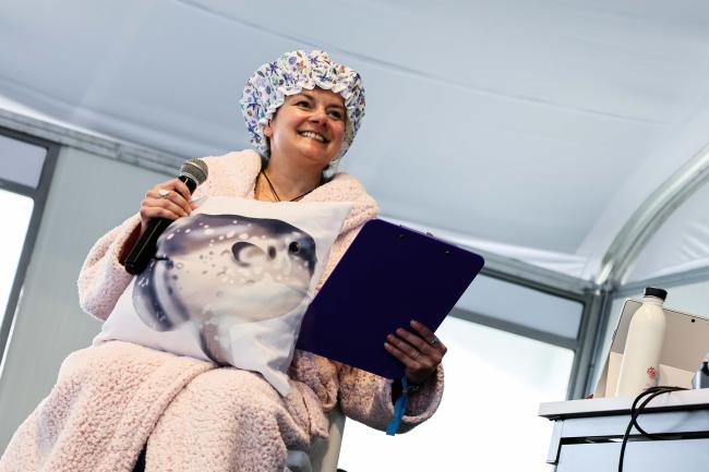 Daniela Diz, Herriot Watt University, performing on the importance of XXX - Ocean Day -27oct24-photo