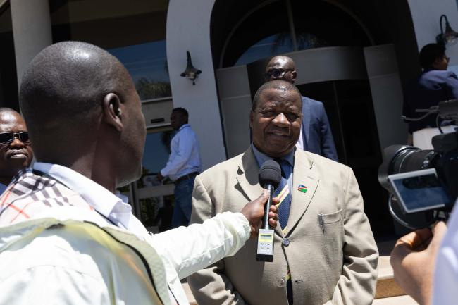 John Mutorwa, Deputy Prime Minister, Namibia, conducts an interview about the Windhoek Declaration