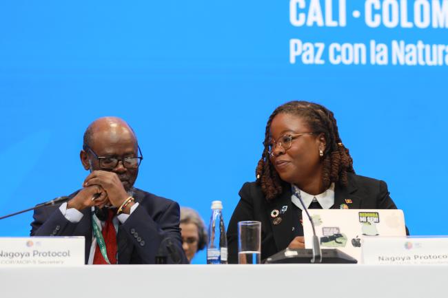 Taukondjo Shikongo, CBD Secretariat, and Nagoya Protocol MOP 5 President Nneka Nicholas, Antigua and Barbuda