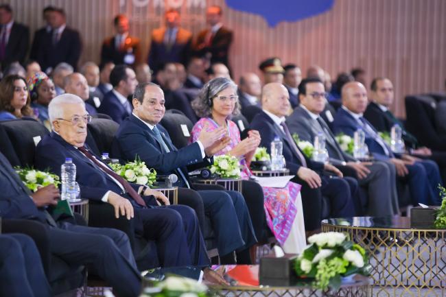 Mahmoud Abbas, President of the State of Palestine, Abdel Fattah El-Sisi, President of the Arab Republic of Egypt, and Anacláudia Rossbach, Executive Director of UN-Habitat 