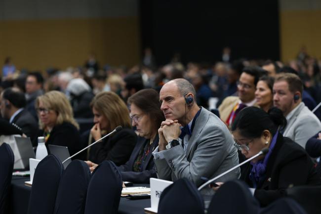 Delegates listen to the statements during the opening plenary