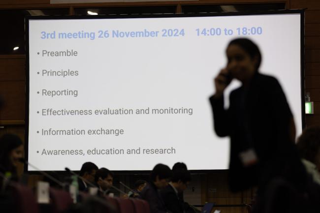 A list of items to be discussed is projected onto the screen