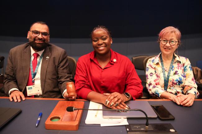 Lead_Yaqoub Almatouq, Kuwait, and Executive Secretary, Ozone Secretariat, MOP36 President Kerryne James, Grenada, and Megumi Seki_montreal-protocal-ozone-mop36_1Nov2024_photo.jpg