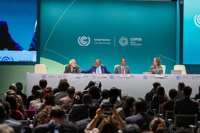From L-R: Diego Pacheco, Bolivia, on behalf of LMDCs; Adonia Ayebare, Uganda, on behalf of G77/China; Ali Mohamed, Kenya, on behalf of ANG; and Danni Taaffe, Climate Action Network International