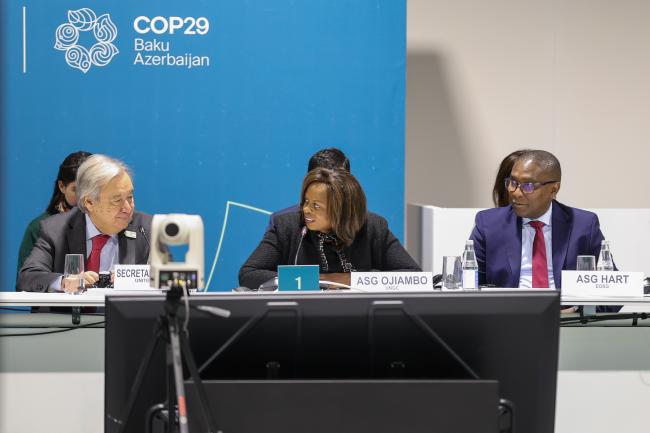 From L-R: UN Secretary-General António Guterres; Assistant Secretary-General of the UN Global Compact Sanda Ojiambo; UN Special Adviser and Assistant Secretary-General for Climate Change Selwin Hart