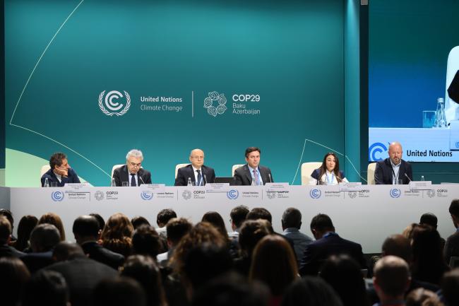 From L-R: Francesco La Camera, Director General, International Renewable Energy Agency (IRENA); Fatih Birol, Executive Director, International Energy Agency; Parviz Shahbazov, Minister of Energy, Azerbaijan; Yalchin Rafiyev, COP 29 Presidency; Jala Ibrahimova, COP 29 Presidency Action Agenda Lead; and Alexander Saier, UNFCCC Secretariat