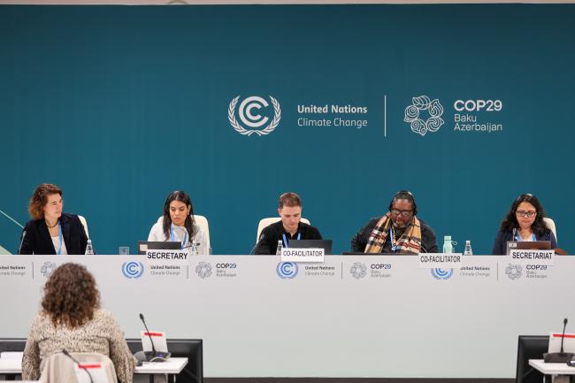 From L-R: Annett Möhner, UNFCCC; Fatin Atif Tawfig, UNFCCC; Patrick Spicer, Canada; Ricardo Marshall, Barbados; and Aasha Subedi, UNFCCC