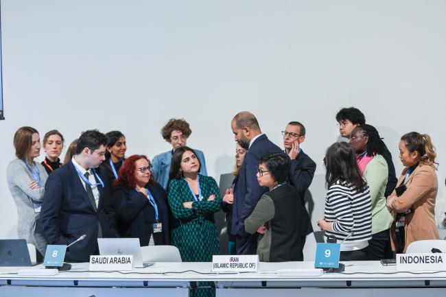 Delegates in a huddle during an informal consultation on compliance under the Paris Agreement